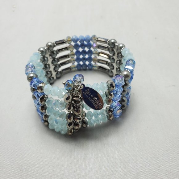 Ali Khan 5 row glass pearl Blue beaded wired wrap opened bracelet - Picture 4 of 7